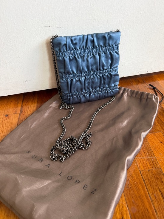 Pura Lopez Handbags - Pura Lopez Steel Blue Satin Ruched Chain Crossbody